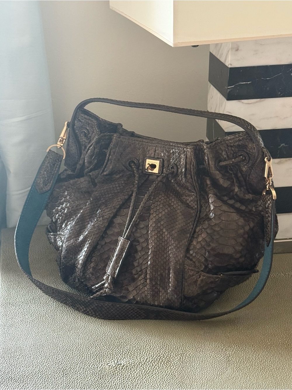 Zagliani Python Snakeskin Hobo Bag Anthracite Brown